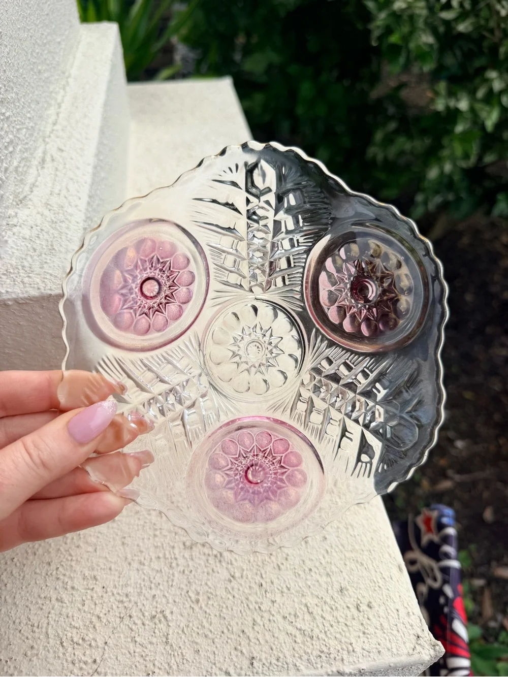 Vintage Hofbauer Byrdes Crystal Footed Cake Plate Pink Bird Medallions Germany